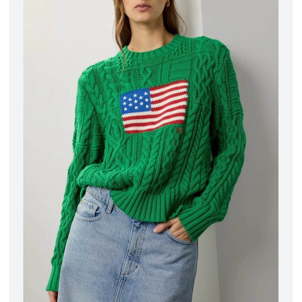 Polo Ralph Lauren Womens Aran Knit Cotton American Flag Sweater Green SZ XXL NEW - Picture 11 of 11